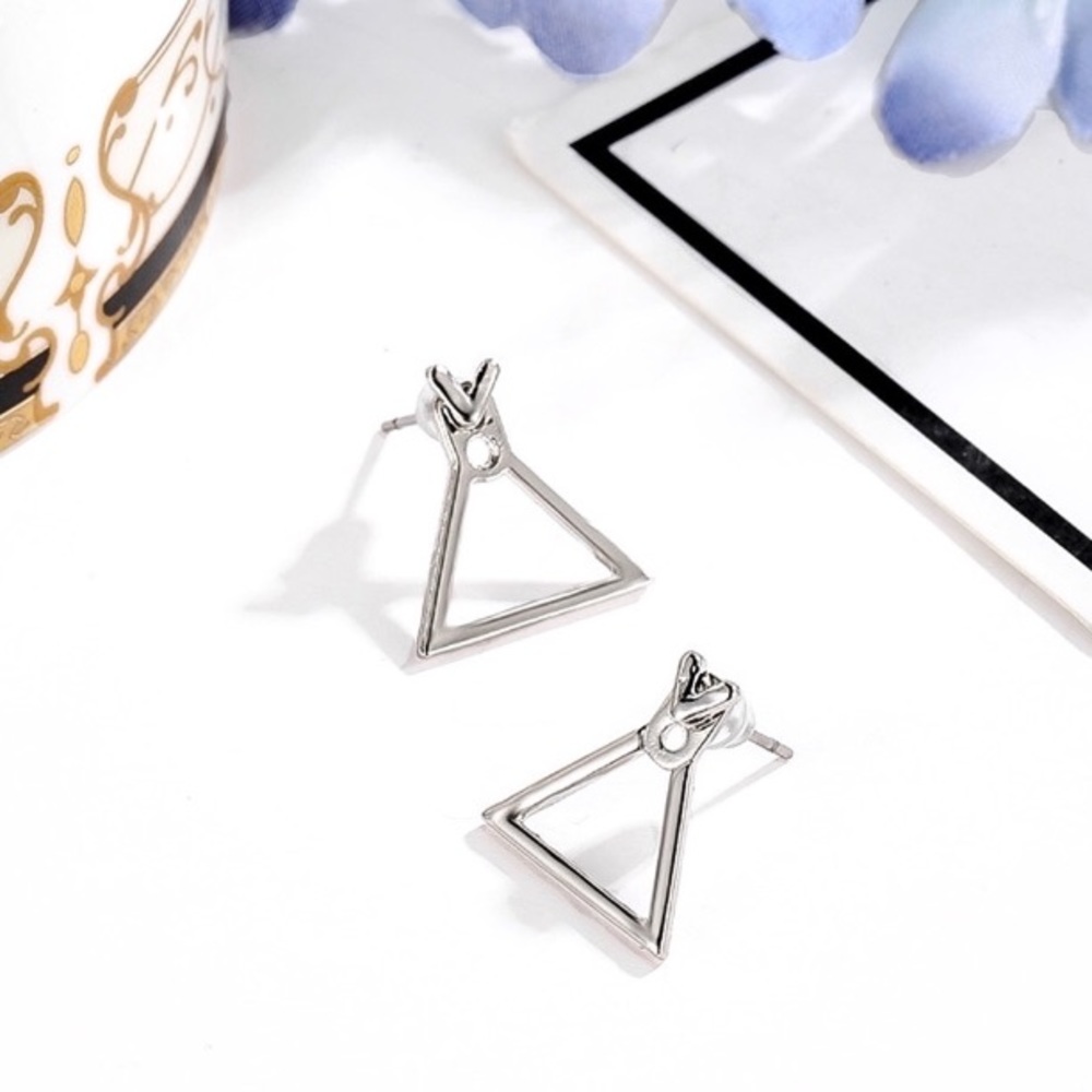 Silver Tone Geometric Triangle Jacket Earrings - Picture 5 of 5